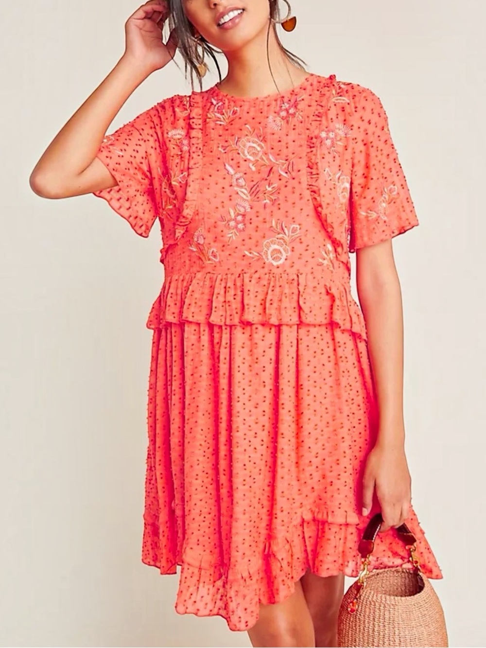 NEW Ranna Gill Anthropologie Basilia Embroidered Tunic Dress In Coral Size XS